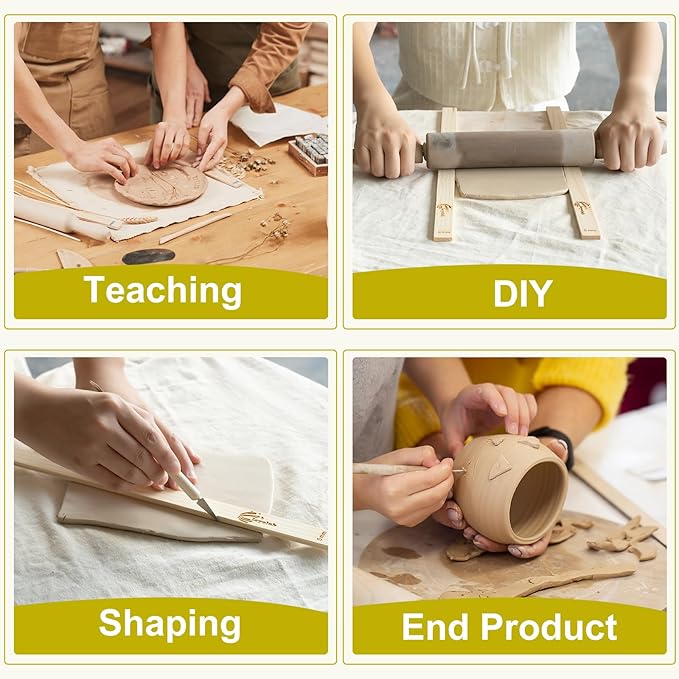10PCS Pottery Tools, LEYCLUB Clay Rolling Pin Set with 5 Size Mud Stick Guide for Precise Clay Thickness, for Hobbyists, Potters (L- 15.7 inch / 40 cm)