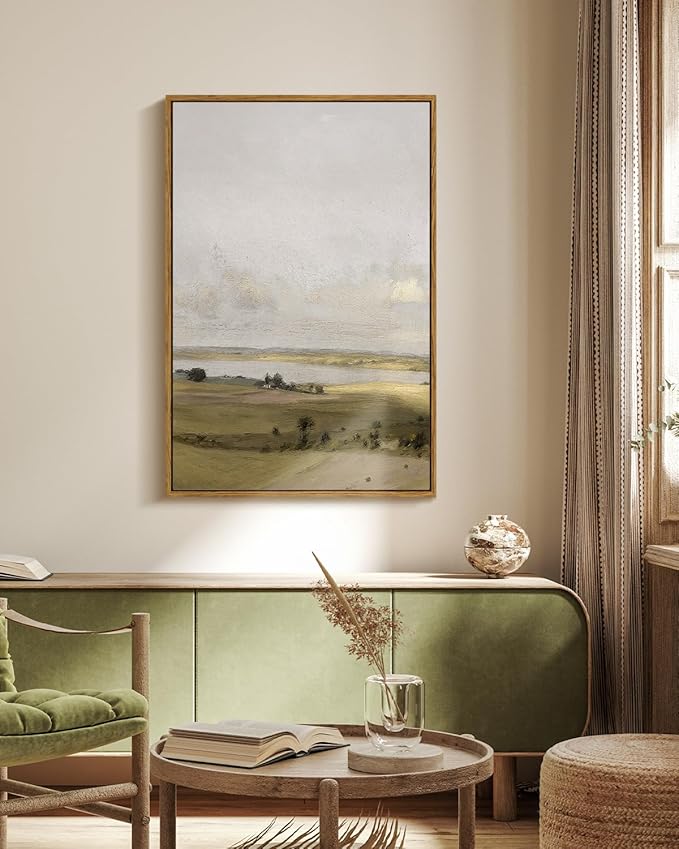 VIYYIEA Vintage Nature Large Framed Wall Art, View of Hilly Paintings Art Decor Aesthetic, Canvas Print Artwork, Hilly Landscape Wall Pictures for Bedroom Bathroom Office, 24X36 Inch