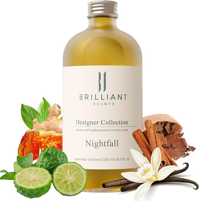 Brilliant Scents Nightfall Fragrance Oil 200ml - Premium Diffuser Oil for Home, Office, Hotels - Long Lasting, Plant-Based, Meets IFRA Standards, USA-Made - Tobacco, Clove, Vanilla