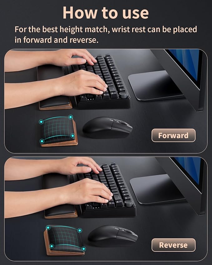 ASFSKY Keyboard and Mouse Wrist Rest Set – Ergonomic Wooden Wrist Support Pad with PU Leather & Memory Foam, Anti-Slip Rubber Base Wrist Cushion for Gaming, Office & Typing Pain Relief