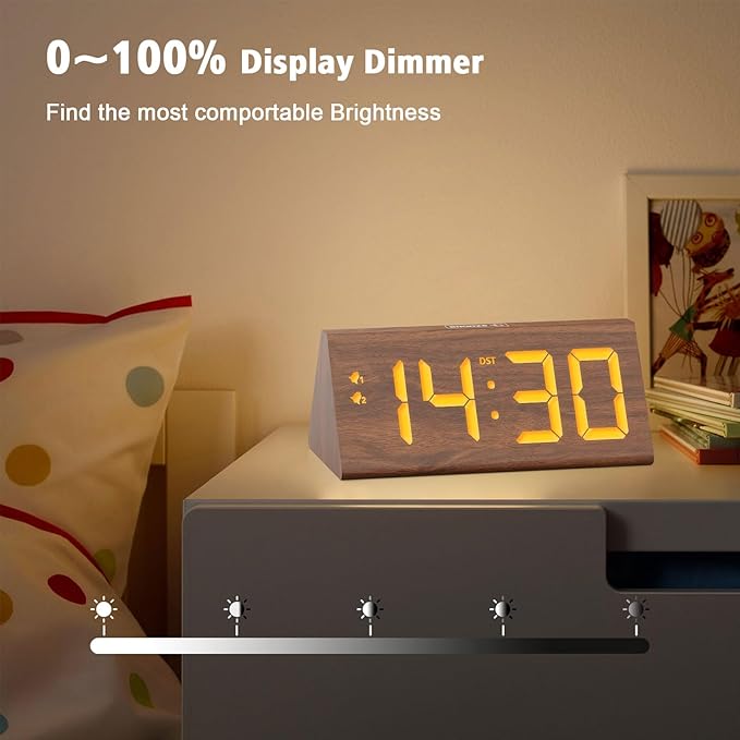 Wooden Digital Alarm Clock with Dual USB Charging Ports, DST, Dimmable, Snooze, Modern Large Time Display LED Clock for Kids Bedrooms, Living Room, Desk, Table, Bedside, Nightstand (Brown)