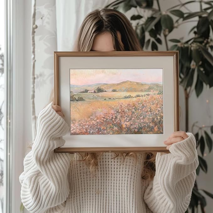 uniro Vintage Wall Art Prints Wildflower Farmhouse Wall Decor, Vintage Landscape Canvas Oil Painting Peach Pink Flowers Mounatin Artwork for Bedroom Nursery Decor (8" x 10"-UNFRAMED)
