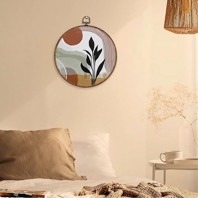 365CUSGIFTS Boho Abstract Leaf Curves Wall Art Decor, Botanical Canvas Prints, Farmhouse Flower Round Wall Hanging, Boho Wall Art for Living Room Bedroom Kitchen, 10x10 Inch