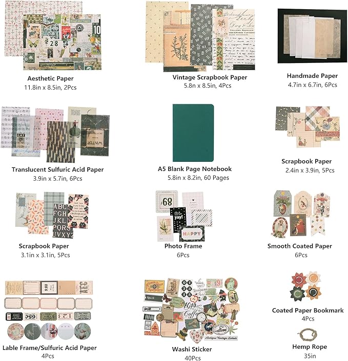 YagCu Vintage Aesthetic Scrapbook Kit, Scrapbooking and Journaling Supplies for Beginner, Junk Journal Materials, Bullet Journals Stationery, Planner DIY Arts Craft Collage, Women Adults