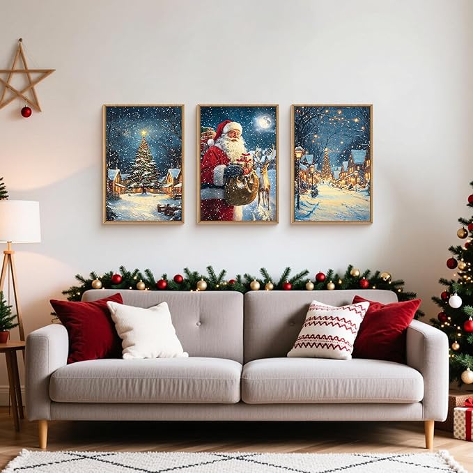 KAIRNE Christmas Wall Art Set of 3, Santa Claus & Reindeer Artwork, Nostalgic Xmas Tree, Winter Village Scene Prints, Festive Holiday Decor for Living Room Bedroom Fireplace, 16×24 inch