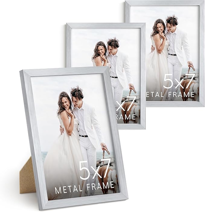 HAUS AND HUES 5x7 Silver Metal Picture Frames - Premium Aluminum Photo Display with Wall Hanging & Tabletop Stand (5x7 in, Silver, Set of 3)