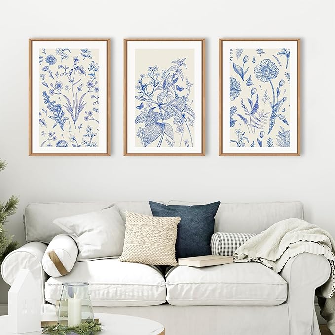 KAIRNE Blue and White Floral Wall Art Set of 3-16x24 Inch Chinoiserie Framed Canvas Art Prints, Navy Watercolor Botanical Flower Painting, Wildflower Decor for Living Room, Bedroom, Bathroom, Home