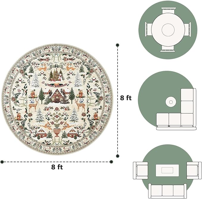jinchan Round Christmas Rug for Dining Room 8ft Circle Holiday Rug for Living Room Printed Christmas Tree and Cabin 8'Soft Indoor Carpet for Bedroom Washable Non-Slip Winter Xmas Decor Green on Beige