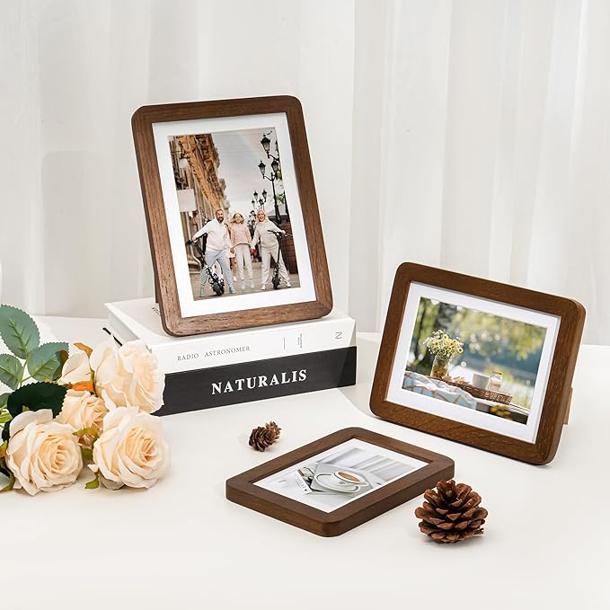 Dreamland 4x6 Picture Frame Set of 3, Solid Oak Wood Photo Frame with Mat for 3.5x5, Round Corner 4 x 6 Matted Picture Frames with Resistant Plexiglass for Wall Mounting or Tabletop, Walnut Color