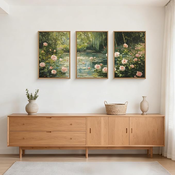 Watercolor Flower Tree Framed Canvas Wall Art Set,Natural White Pink Rose Wildflower Wall Decor,Vintage Dark Green Botanical Artwork for Living Room, Bedroom,Farmhouse- 24"x36"x3
