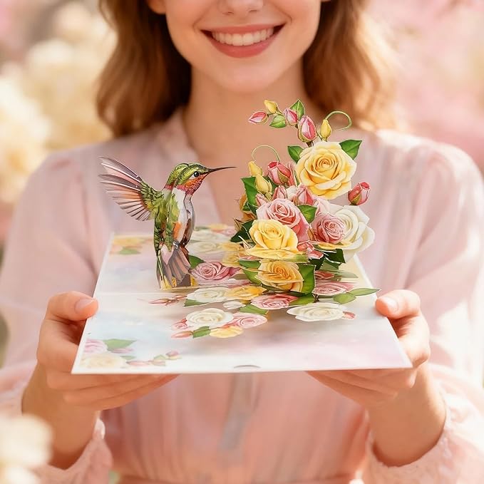 Greeting Card Green Hummingbird with Roses 3D Pop-Up Cards Handmade Birthday Flower Gift for Women, Mom, Wife, Men 6x8 Inches Aniversary Wedding Christmas Gifts Floral Thank you Envelope