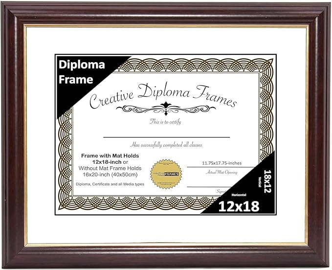 Creative Picture Frames Mahogany Gold Rim Black Diploma Frame with White Mat Glass and Installed Wall Hangers | Frame Holds 16x20 Media without Mat