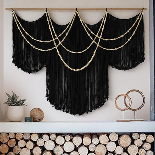 Macrame Wall Hanging Black Yarn Tapestry Home Decor Large Fiber Wall Art Living Room Bedroom Home Wall Decor 57" W x 43" L