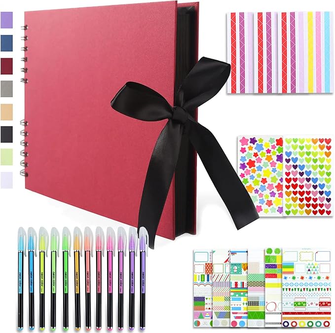 Vienrose Scrapbook Album 80 Pages, DIY Photo Album with Accessories, Red Kraft Paper Memory Book for Wedding, Birthday, Travel, Christmas, Mother’s Day, 11x8 Inches