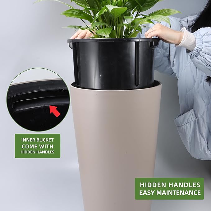 Dexceder 22x13 Tall Self Watering Planter High Cylinder Indoor Outdoor, Thickened Large Floor Standing Flower Plant Pot with Water Level Indicator (Taupe Matte)