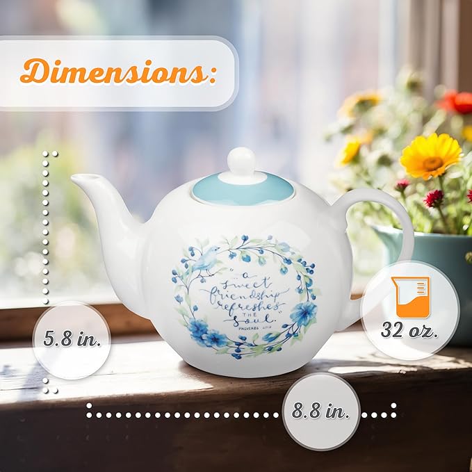 Christian Art Gifts Women's Ceramic Floral Teapot: Sweet Friendship - Proverbs 27:9 Inspirational Bible Verse w/Gift Box, Lead/Cadmium-free, Microwave, Dishwasher & Freezer Safe, Blue Wreath, 30 oz.