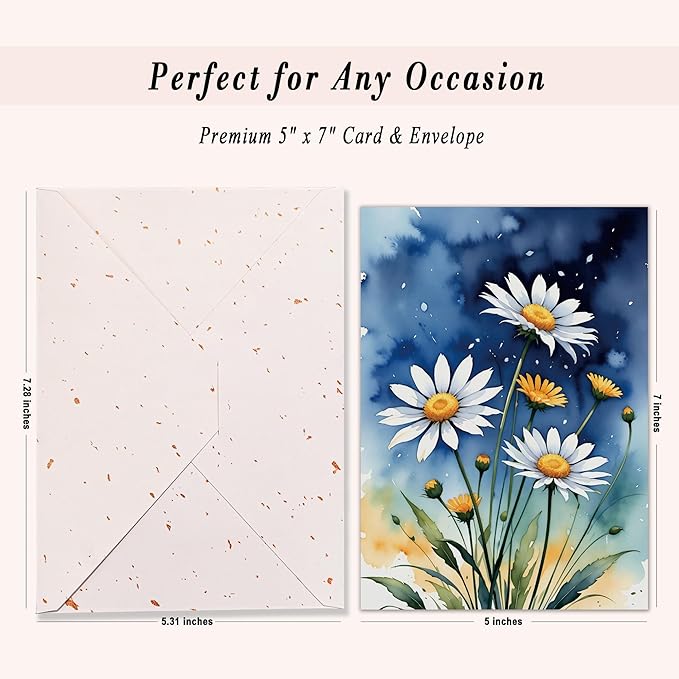 Elegant Blank Inside Greeting Card with Envelope, 5x7 Inch Watercolor Daisy Greeting Card for All Occasions - Birthday, Sympathy, Thank You - Single Card
