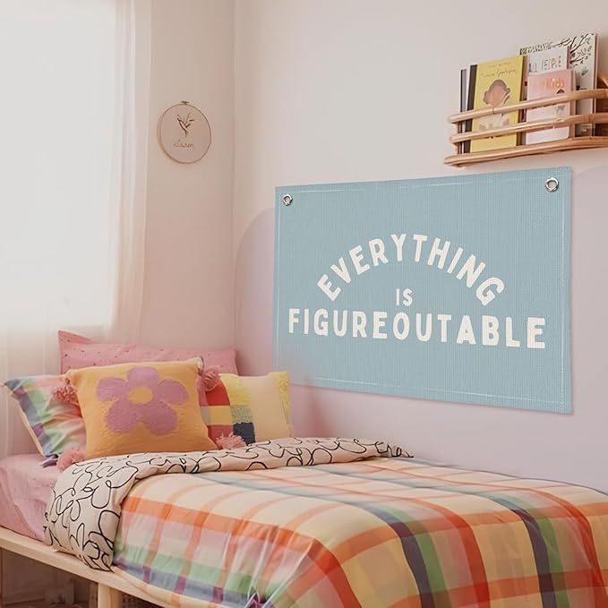 Everything is Figureoutable Inspirational Wall Decor, Motivational Classroom Decor, Classroom Wall Linen Canvas Banner Hanging Flag, 20x30 Inch - Blue