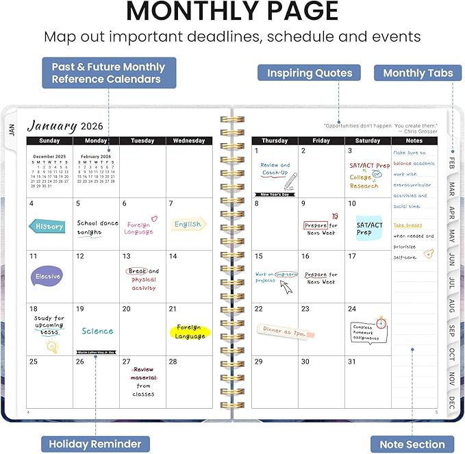 2026 Planner, Monthly and Weekly Calendar Planner for Women, Jan 2026 - Dec 2026, Hardcover Pretty 2026 Agenda Planner Book with Tabs, Spiral Bound, Perfect for School Office Home Supplies, 6.3" x 8.5" - Distant Peaks