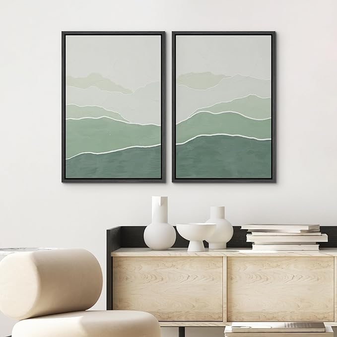 SIGNWIN Framed Wall Art Print Set Green Gradient Wave Landscapes Abstract Shapes Illustrations Modern Art Bohemian Relax/Calm Multicolor for Living Room, Bedroom, Office - 24"x36"x2 Black