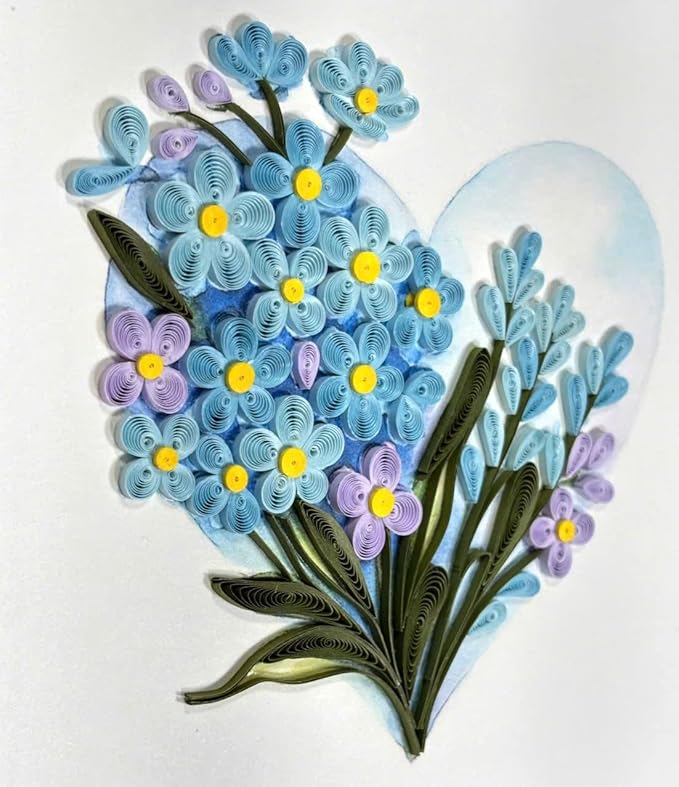 Quilling Greeting Card Handmade Forget-Me-Not Floral Design Heart Detail Romantic Gift for Her Birthday Anniversary Valentine’s Day Special Occasion Keepsake Unique Love Paper Art