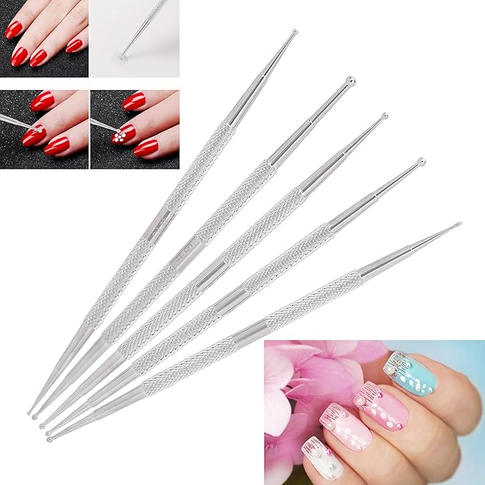 Polish Dotting Tool, 5Pcs Nail Dotting Tools for Nail Art, Stainless Steel Double Ended Nail Embossing Tool Set for Precision Designs, DIY Decoration, Double Headed