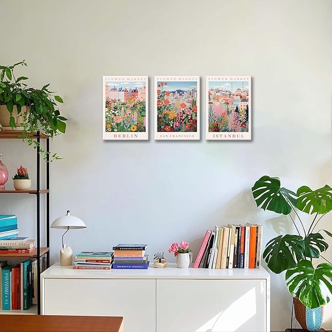 XLARTMY Flower Market Wall Art Prints Canvas Orange and Pink Floral Paintings Colorful Botanical Travel Flower Posters for Home Decor Pictures Set of 3 for Living Room Bedroom 12x16in