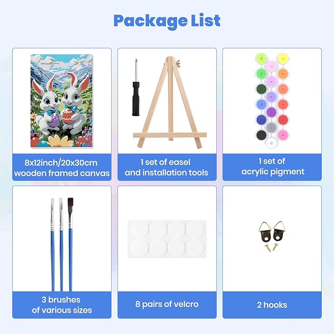 MXJSUA Easter Framed Paint by Numbers for Adults Beginners, Easy Adults' Paint-by-Number Kits on Canvas with Easel, White Bunnies Acrylic Number Painting Crafts Kits Gifts for Home Decor, 8x12inch