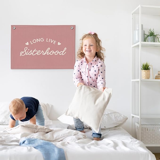 Coral Pink Long Live Sisterhood Girls Room Decor - Linen Banner Wall Hanging Canvas Banner Flag Decor for Toddler Girly Bedroom Playroom Nursery Dorm Apartment