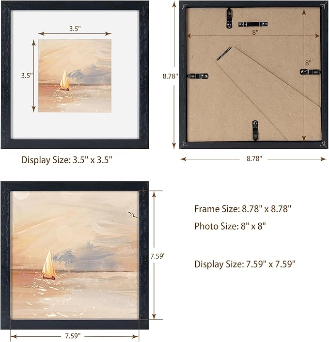 Fun Memories 8x8 Oak Wood Picture Frame in Black, 8"x8" Photo Frame for Wall, Square Frames 8x8 with Stand for Tabletop Display, Real Tempered Glass, 8 x 8 Picture Frames (Black Color, 1 Pack)