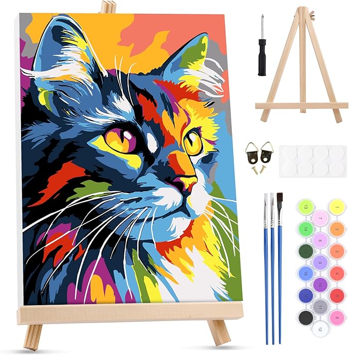 MXJSUA Colorful Cat Framed Paint by Numbers for Adults Beginners, Easy Adults' Paint-by-Number Kits on Canvas with Easel, Animal Acrylic Number Painting Crafts Kits Gifts for Home Decor, 8x12inch