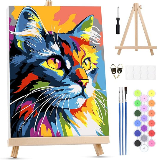 MXJSUA Colorful Cat Framed Paint by Numbers for Adults Beginners, Easy Adults' Paint-by-Number Kits on Canvas with Easel, Animal Acrylic Number Painting Crafts Kits Gifts for Home Decor, 8x12inch