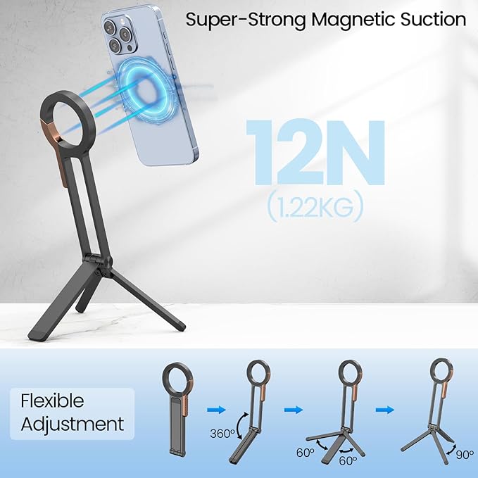 Magnetic Phone Tripod, Aluminum Alloy Mini Foldable Tripod for Cell Phone, Travel Essential Adjustable Phone Stand for Desk/Handheld, Compatible with iPhone 17/16/15/14/13/12 Series, Black