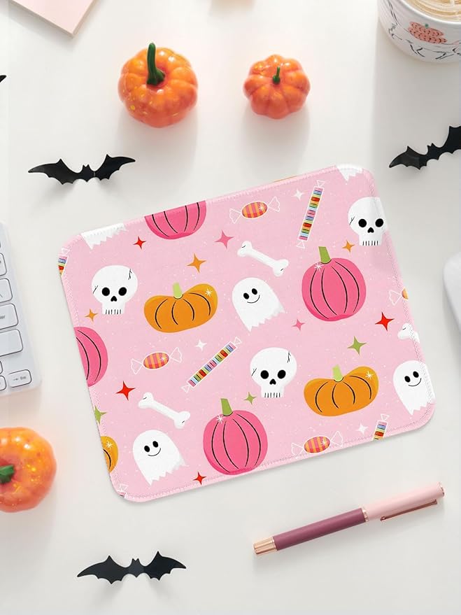 Seorsok Cute Fall Autumn Pumpkin Mouse Mat,Skeleton Skull Decor Mouse Pads for Office Laptop,Washable Square Mousepads with Extended Stitched Edges Non Slip Rubber Base 9.5"x7.8"x0.12" Inch,Pink