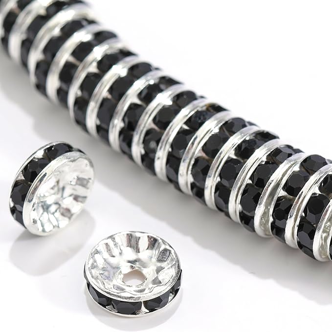 100Pcs Rondelle Spacer Beads Round Crystal Charms Czech Rhinestone Silver Plated Spacer Loose Beads for DIY Bracelet Necklace Jewelry Making Supplies (10MM, Black)