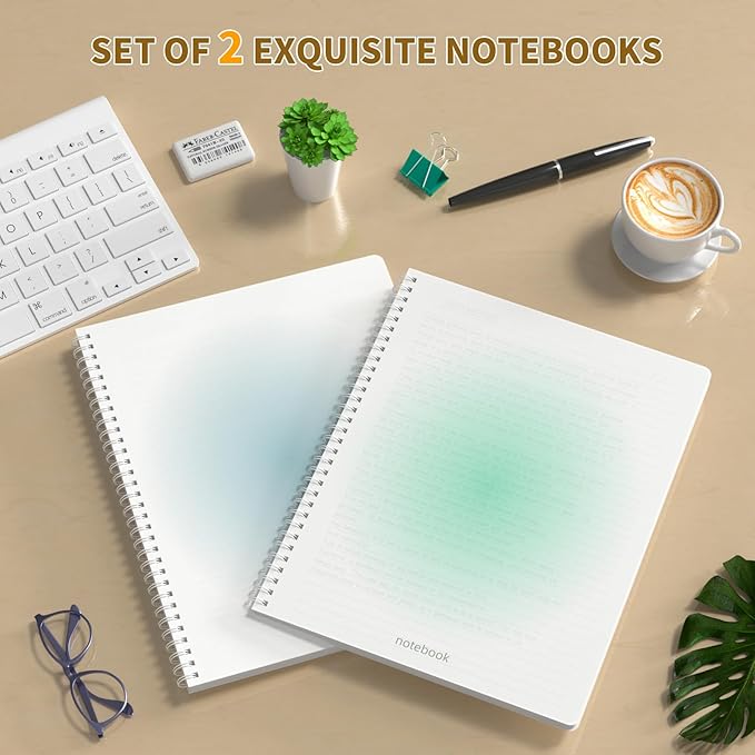 Oucaru Spiral Notebook A4 College Wide Ruled Notebooks 2 Pack 8.5" x 11" Journaling Notebooks 140 Pages 100 GSM Gradient Small Lined Notebooks Waterproof PP Cover for Note Taking for Work School Business Travel