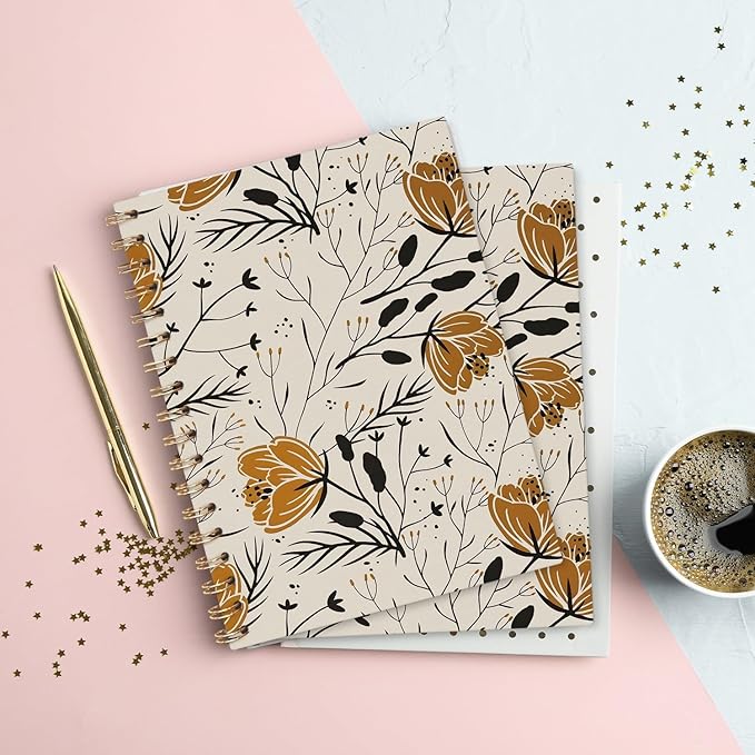 Boho Floral Botanical Journal Notebooks, Gold and Black Flower College Ruled Notebooks for Note Taking, Wildflower Journal Journaling, Spiral Notebook 5.5x8.3