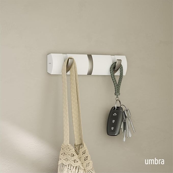 Umbra Flip Wall-Mounted Coat Rack with 3 Hooks – Modern, Space-Saving Storage for Hats, Jackets, Bags, Entryway, Mudroom, Closet, Bathroom, Bedroom – White/Nickel