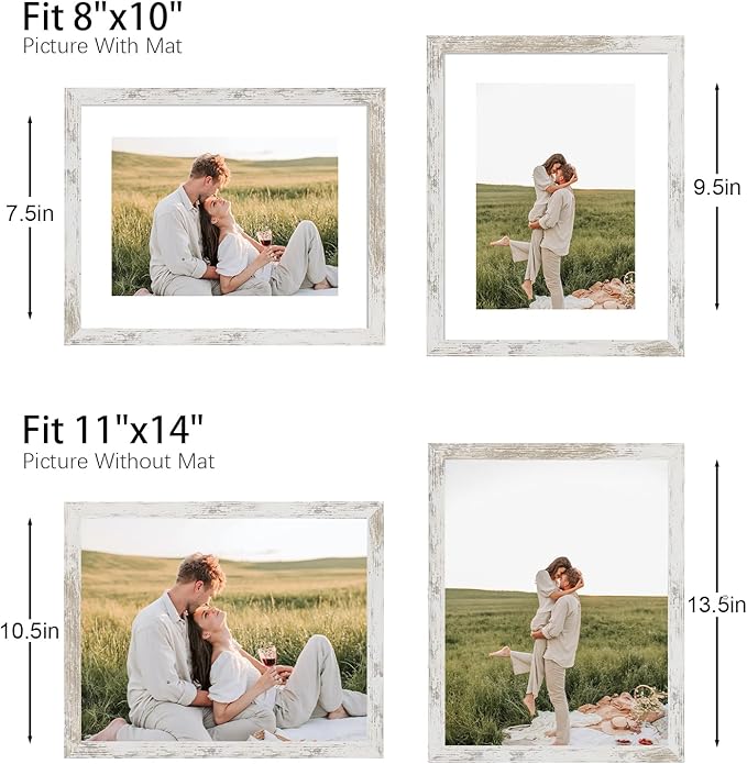 11x14 Picture Frame Set of 9, Photo Gallery Wall Frame Set Display Pictures 8x10 with Mat or 11 x 14 Without Mat, Multi Photo Frames for Wall Mounting or Table Top Display, Distressed White