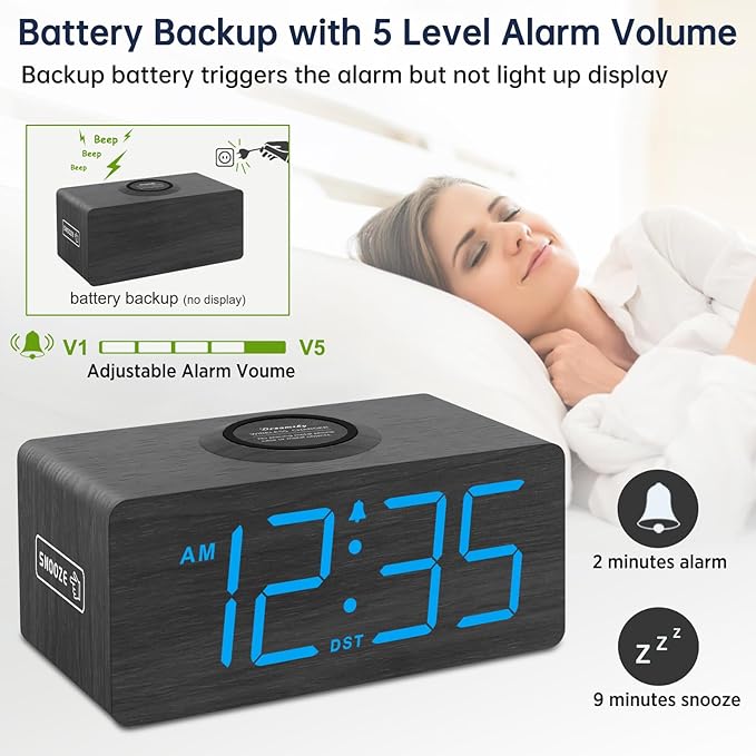 DreamSky Wooden Digital Alarm Clock with Wireless Charging for Bedroom, Bedside Nightstand Clock with Charger Station, USB Port, Large Numbers, Adjustable Volume, Brightness Dimmer, DST