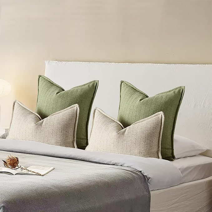 24x24 Linen Pillow Covers Sage Green Pack of 2 Farmhouse Boho Neutral Accents Striped Textured Square Decorative Throw Pillow Cases for Living Room Couch Bed Home Decor