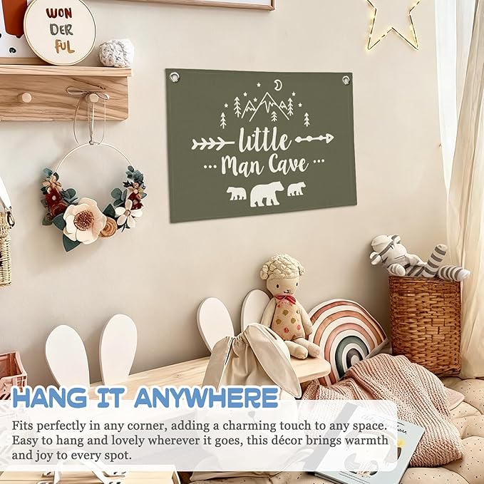Boys Room Decor Wall Art,Woodland Nursery Decor,Little Man Cave Sign for Boys Banner Canvas,Nursery Room Wall Hanging for Bedroom,Farmhouse 30X20 Inch