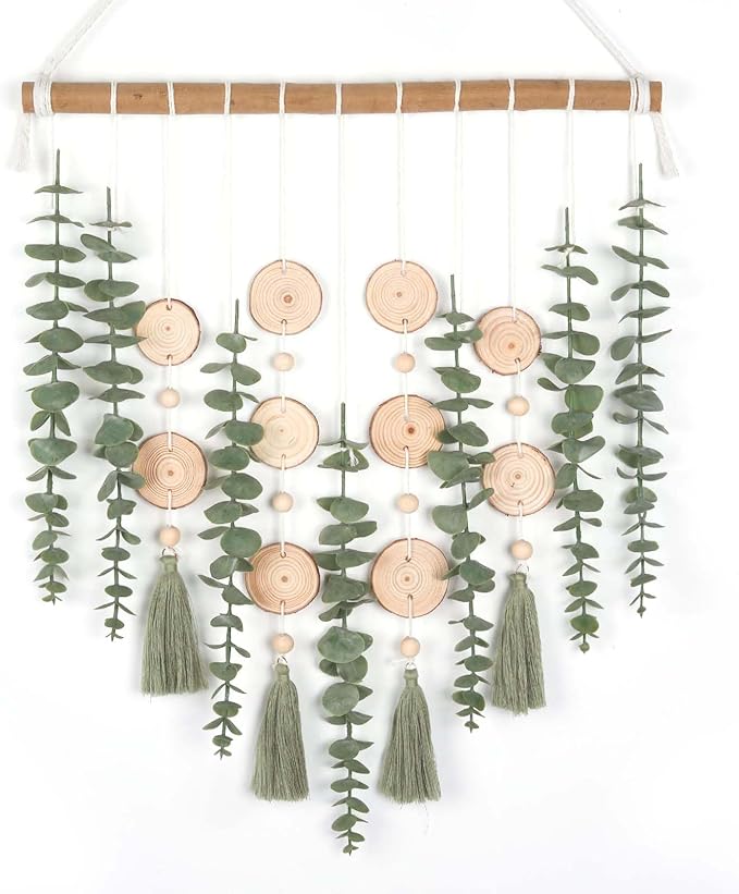 Artificial Eucalyptus Plant Wall Decor Fake Greenery Leaves Stems Wall Hanging Faux Plants on Wood Stick Green Boho Rustic Farmhouse Decor for Bathroom Bedroom Dining Room Indoor Home