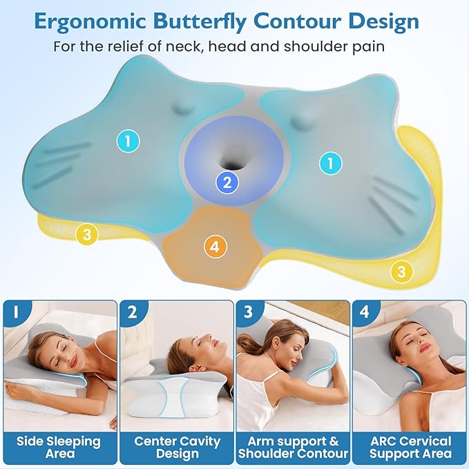 2PCS Cervical Pillow for Neck Pain Relief, Neck Pillow for Sleeping Side Sleeper Ergonomic Memory Foam Support Pillows Back Sleepers for Sleeping,Machine Washable Pillowcase Grey