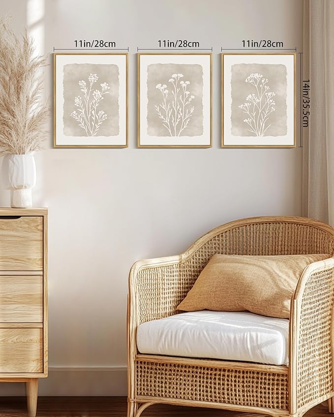KUVIOKE Boho Botanical Flower Framed Wall Art Farmhouse Vintage Floral Wall Painting Rustic Wildflower Neutral Prints Artwork Home Decor 11x14in (Natural Framed)