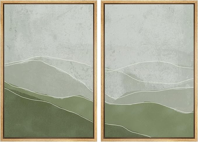 SIGNWIN Framed Wall Art Print Set Faded Green & Gray Wave Landscape Abstract Shapes Illustrations Modern Art Bohemian Relax/Calm Multicolor for Living Room, Bedroom, Office - 24"x36"x2 Natural