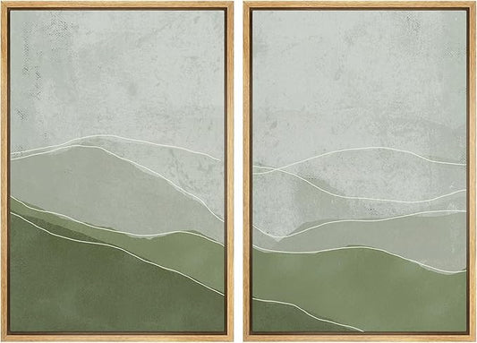 SIGNWIN Framed Wall Art Print Set Faded Green & Gray Wave Landscape Abstract Shapes Illustrations Modern Art Bohemian Relax/Calm Multicolor for Living Room, Bedroom, Office - 24"x36"x2 Natural