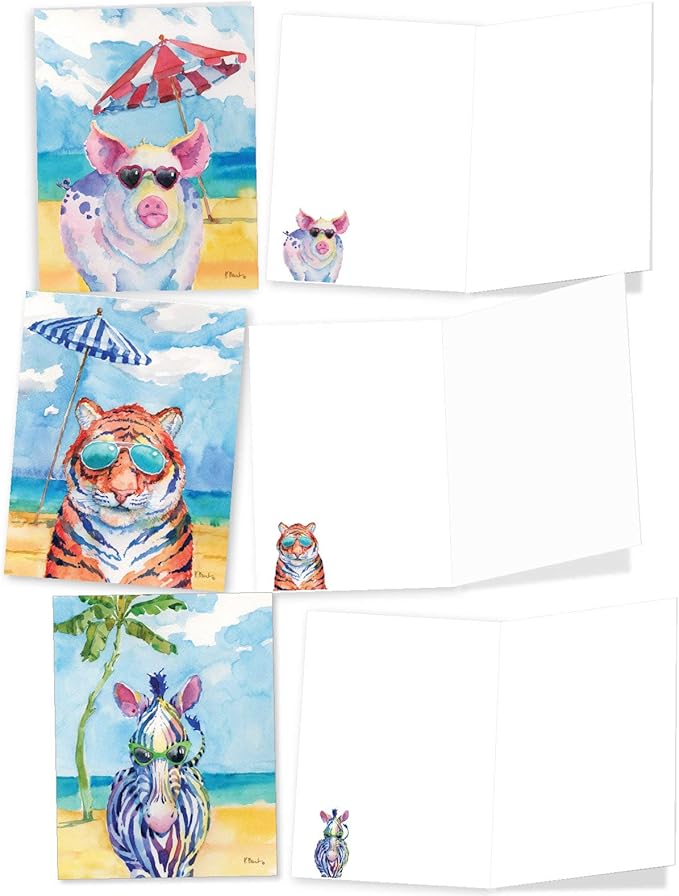 The Best Card Company - 20 Assorted Bulk Wildlife Whimsical Greeting Cards Boxed Set (4 x 5.12 Inch) Wildlife Variety Notecards for Kid (10 Designs, 2 Each) - Animal's Day Off AM6670OCB-B2x10