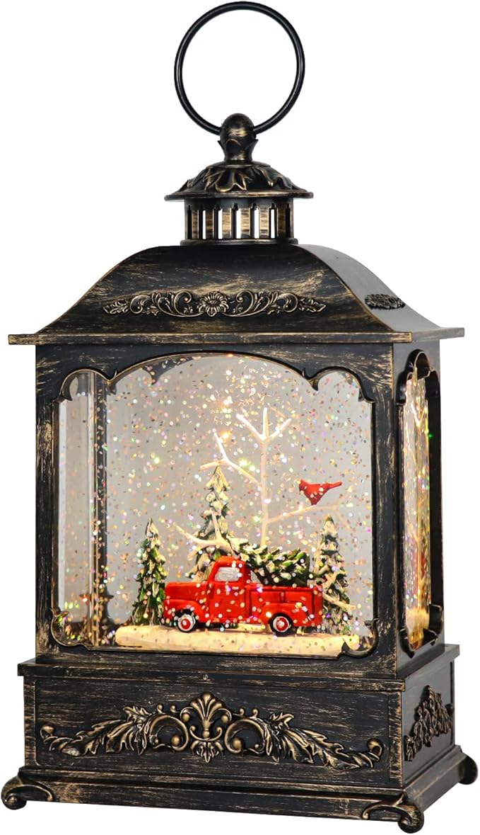 GenSwin Musical Car Snow Globe Lantern with 6 Hour Timer, Battery Operated & USB Powered Singing Spinning Water Glittering Snow Globe Lantern Christmas Home Decoration Gift(9.6”,3 AA)