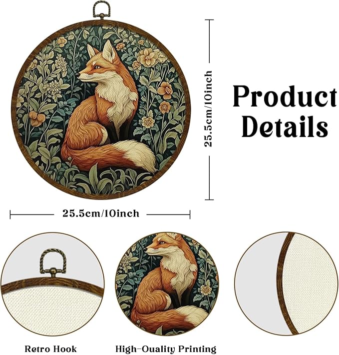KLYTINK William Morris Inspired Vintage Fox Wall Art,Round Canvas Frame,Retro Animal Design Hanging Round Wall Decor for Bedroom Living Room,or Office 10x10inch (Fox)